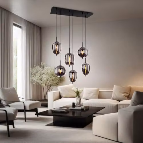Globo Lighting Blacky Bar Pendant Light with 6 Smoke Grey Glass Shades and Black Metal Finish, W/D/H: 120 x 34 x 34 cm – 3