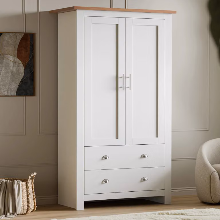 DHS Shaker Double Wardrobe with Integrated Drawers and Hanging Space in White