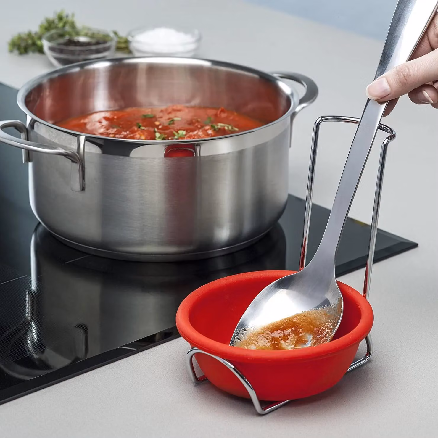 Zeal Red Silicone Spoon Rest and Basting Bowl with Chrome Stand – 2