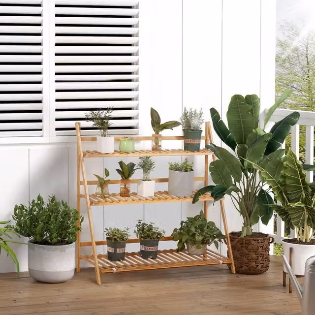 Outsunny 3-Tier Folding Bamboo Plant Stand, Brown/Beige Planter Display Shelf for Indoor and Outdoor Use, H 97 x W 100 x D 39 cm – 2
