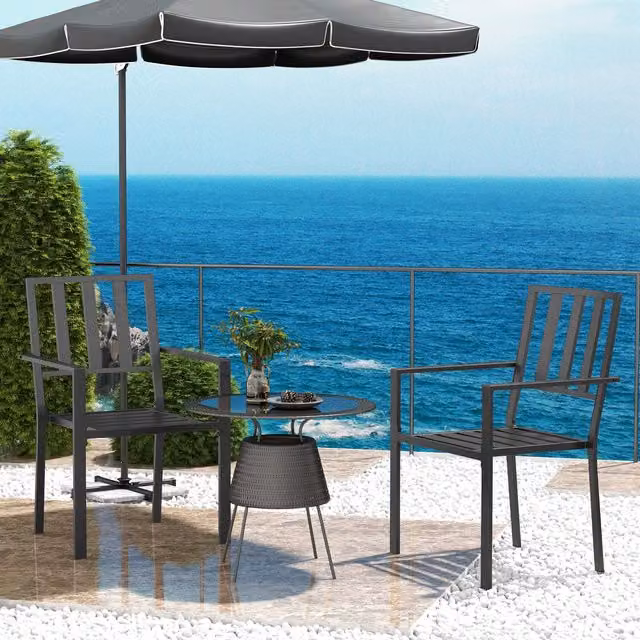 Outsunny Set of 2 Modern Metal Slatted Stackable Outdoor Garden Chairs in Matt Black