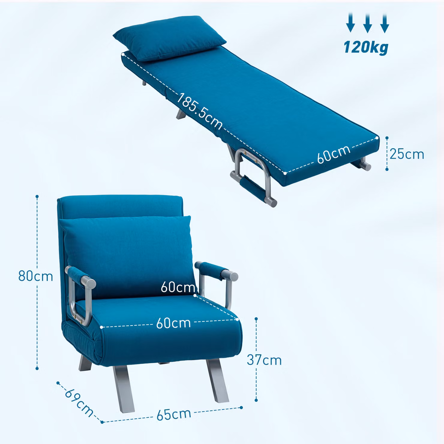 HOMCOM 4-in-1 Blue Faux Suede Chair Bed with Armrests and Metal Frame – 3