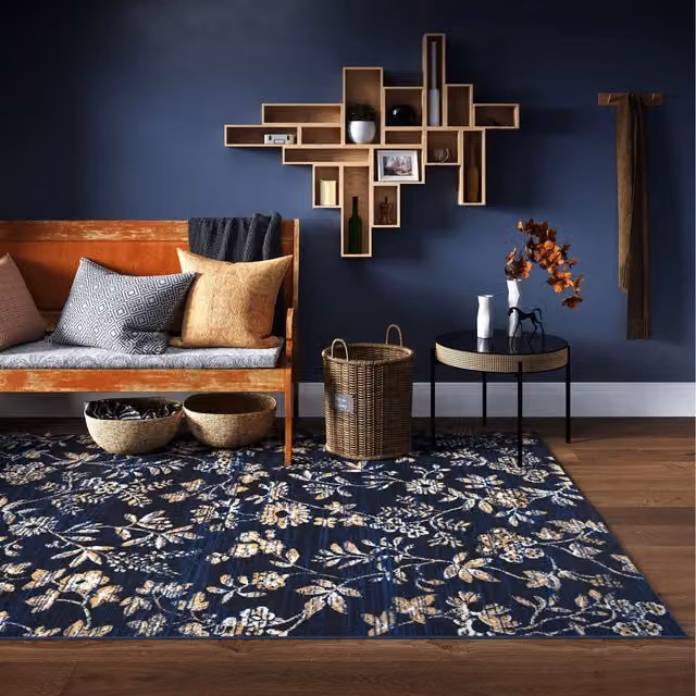 The Rug House Blue and Gold Floral Living Room Rug, W: 170 cm, D: 120 cm
