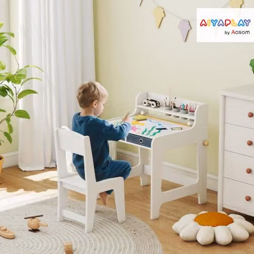 AIYAPLAY Kids Desk and Chair Set in White with Modern MDF Design – 2