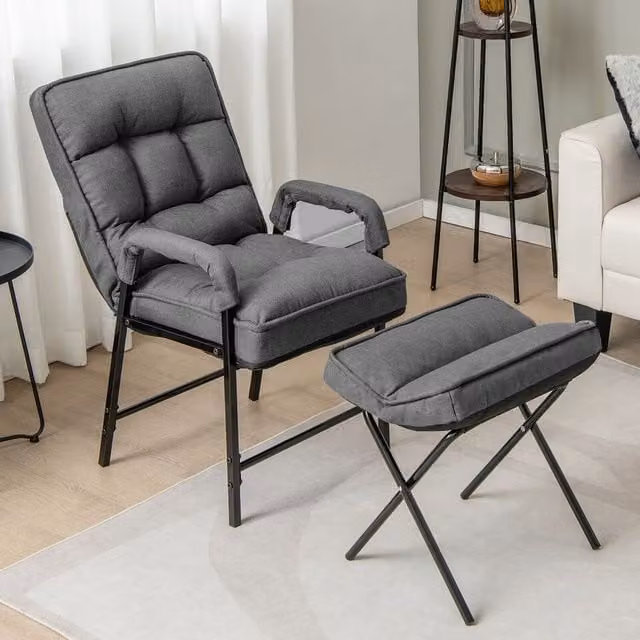 Costway Modern Grey Fabric Upholstered Lounge Armchair with Ottoman and Armrests