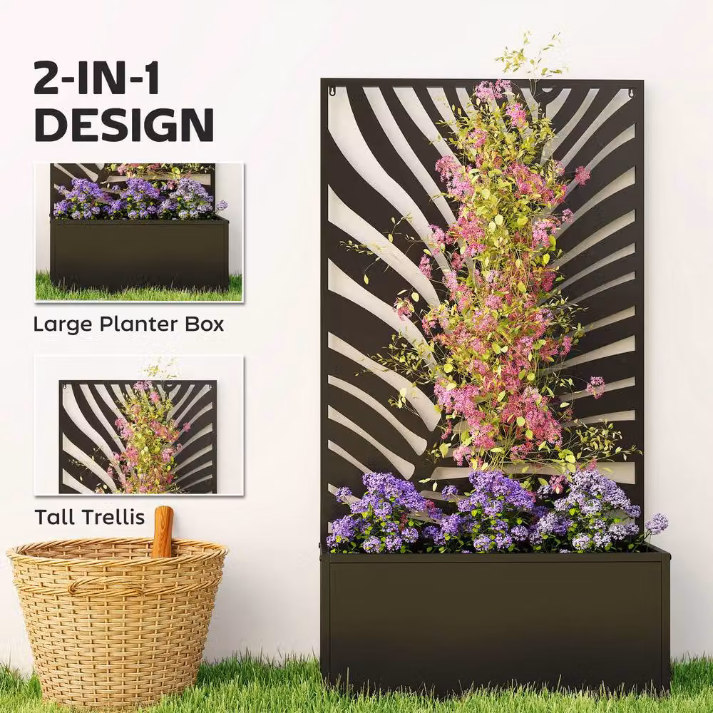 OUTSUNNY Metal Raised Garden Bed with Trellis in Black – 3