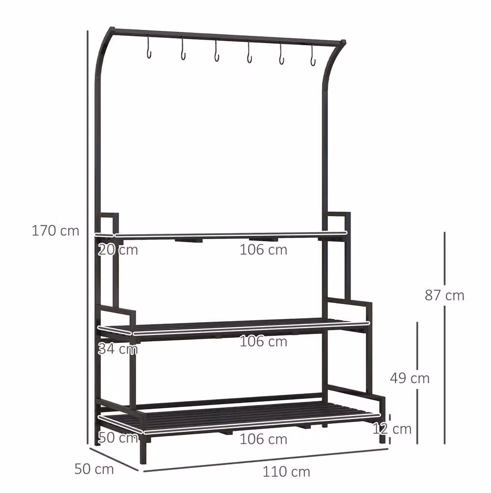 STILVORA 3 Tier Plant Stand with Hooks, Black, H 170 x W 110 x D 34 cm – 2