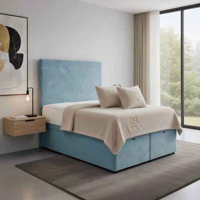 DS Living Muse Duck Egg Divan Bed in Blue Velvet Fabric, W: 200 cm, D: 200 cm