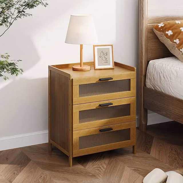 EONLION Brown Wooden Bedroom Bedside Cabinet with 3 Drawers and Clear Door, Height: 100 cm, Width: 50 cm, Depth: 40 cm – 1