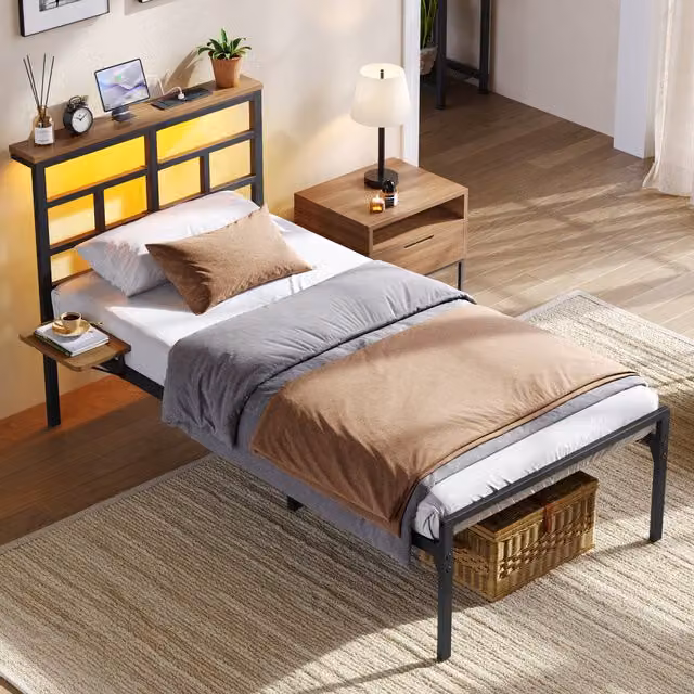 Yaheetech Single Metal Bed Frame with LED Headboard, USB Charging Station and Under-Bed Lighting in Black