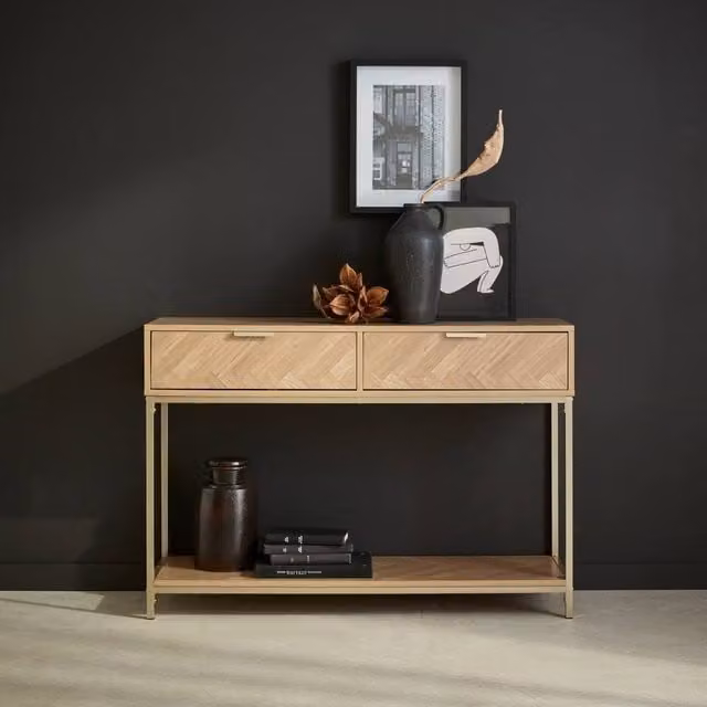 sweeek Herringbone Console Table with 2 Drawers in Light Brown, W: 110 cm, D: 35 cm, H: 75 cm – 1
