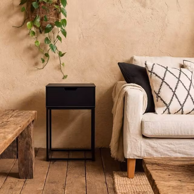 Wyld Haus Tokyo Industrial 1 Drawer Bedside Table in Matt Black Metal and MDF, W: 30.0 cm, D: 40.0 cm, H: 61.5 cm