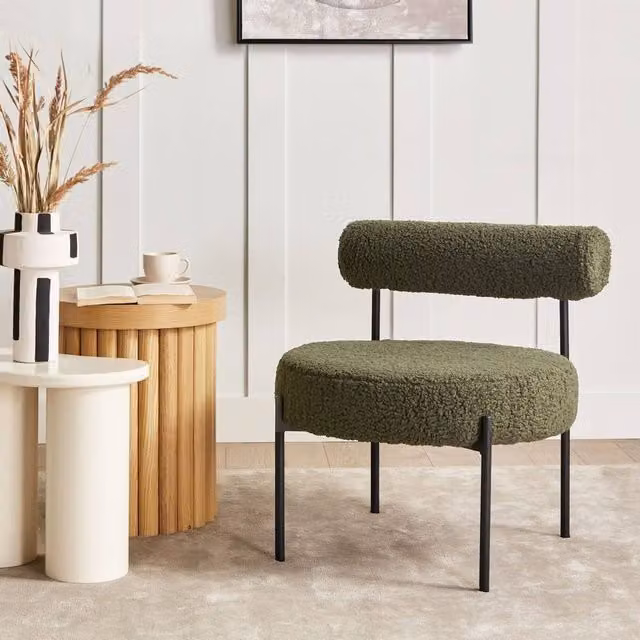 Wyld and Coco Armless Green Boucle Tub Accent Chair with Black Metal Frame – 1
