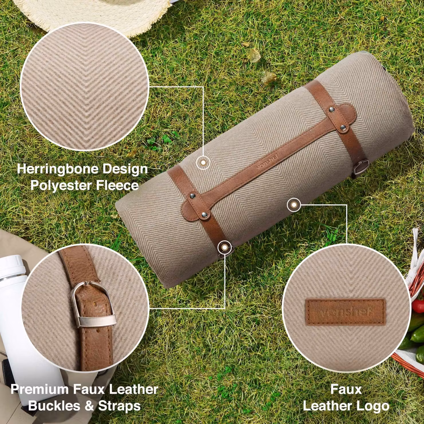 VonShef Herringbone Picnic Blanket in Beige, W/D: 200 x 220 cm – 2
