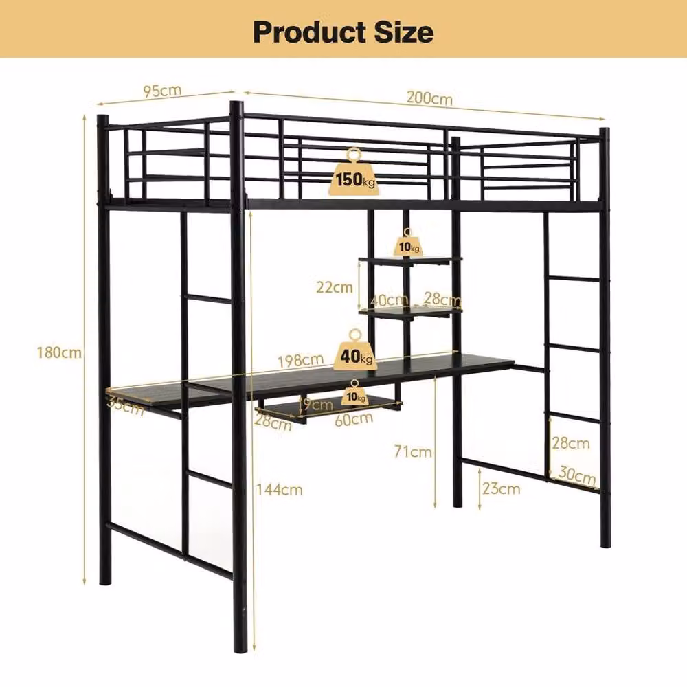Costway Single Metal Loft Bed Frame High Sleeper with Desk and Storage Shelves, Black – 6