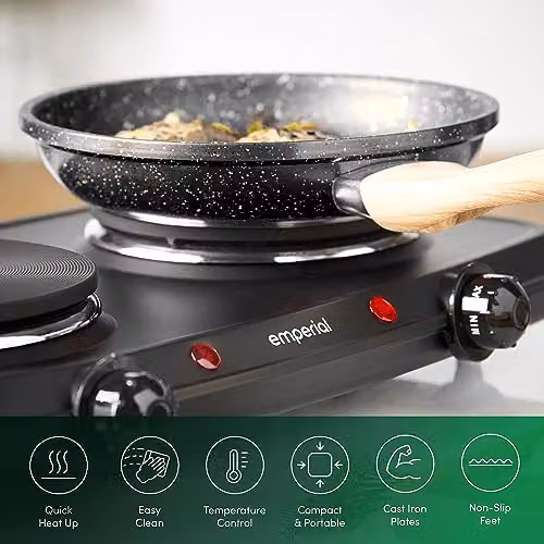 Emperial Double Hotplate Portable Camping Electric Hob, 2250W Black Table Top Cooktop with 2 Cast Iron Rings – 3