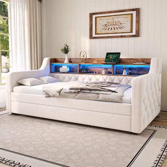 Aosom UK Beige Velvet Upholstered Space-Saving Sofa Bed with Adjustable LED Lighting, USB-C Port and Built-in Storage Shelf, W/D/H: 201 x 107 x 75 cm