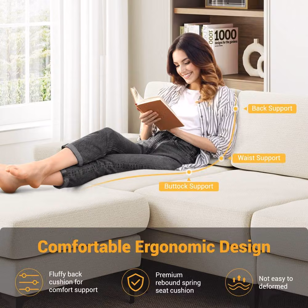 Dprodo 4 Seater L-Shape Corner Sofa Set in Beige Chenille Fabric – 5