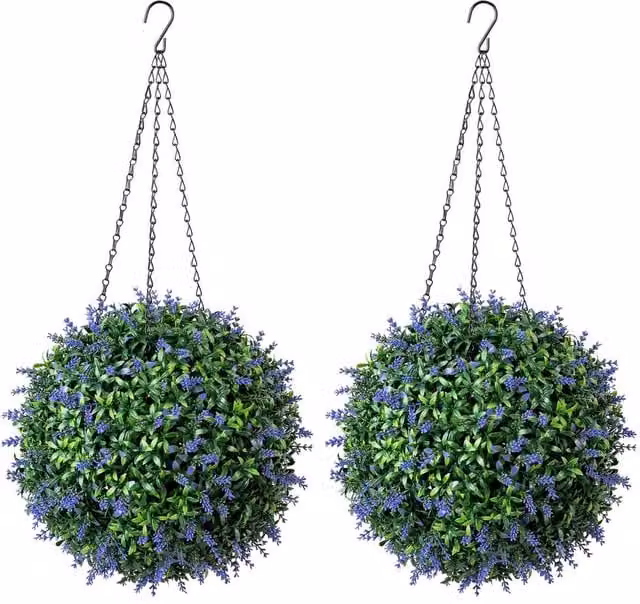 Christow Artificial Lavender Topiary Hanging Plants, Set of 2, Purple and Green, Diameter: 28 cm – 1