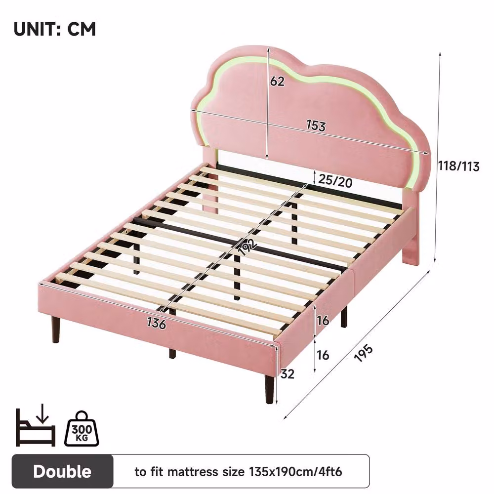 Rolipo Double Pink Velvet Bed Frame with LED Cloud Headboard, W/D/H: 140 x 200 cm – 3