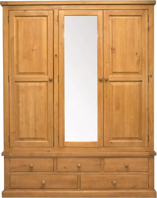 Rest Relax Rustic Pine Triple Wardrobe with Mirrors in Brown, H 200 cm x W 158 cm x D 54 cm