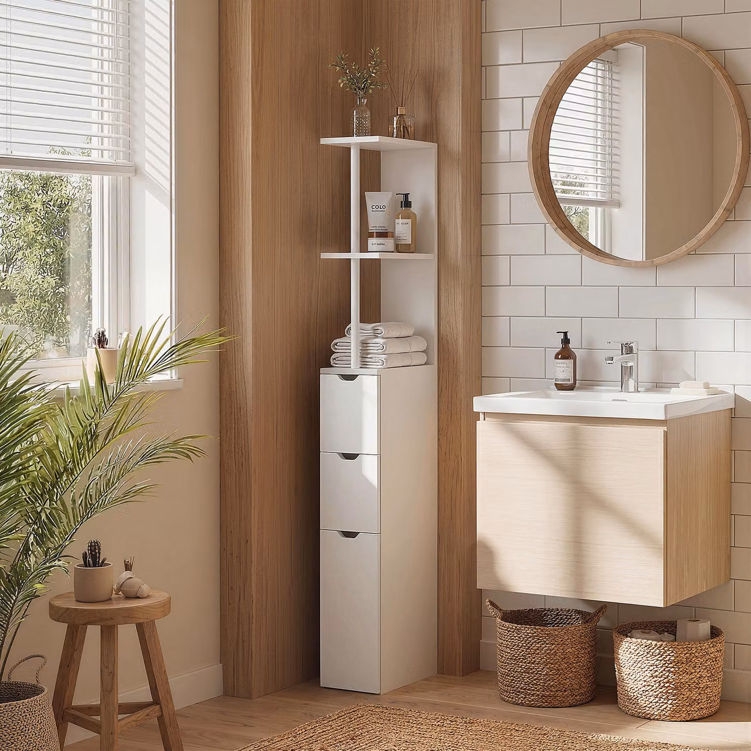 Kleankin Modern White Bathroom Storage Cabinet with Hinged Doors, Drawers and Open Shelves – 2