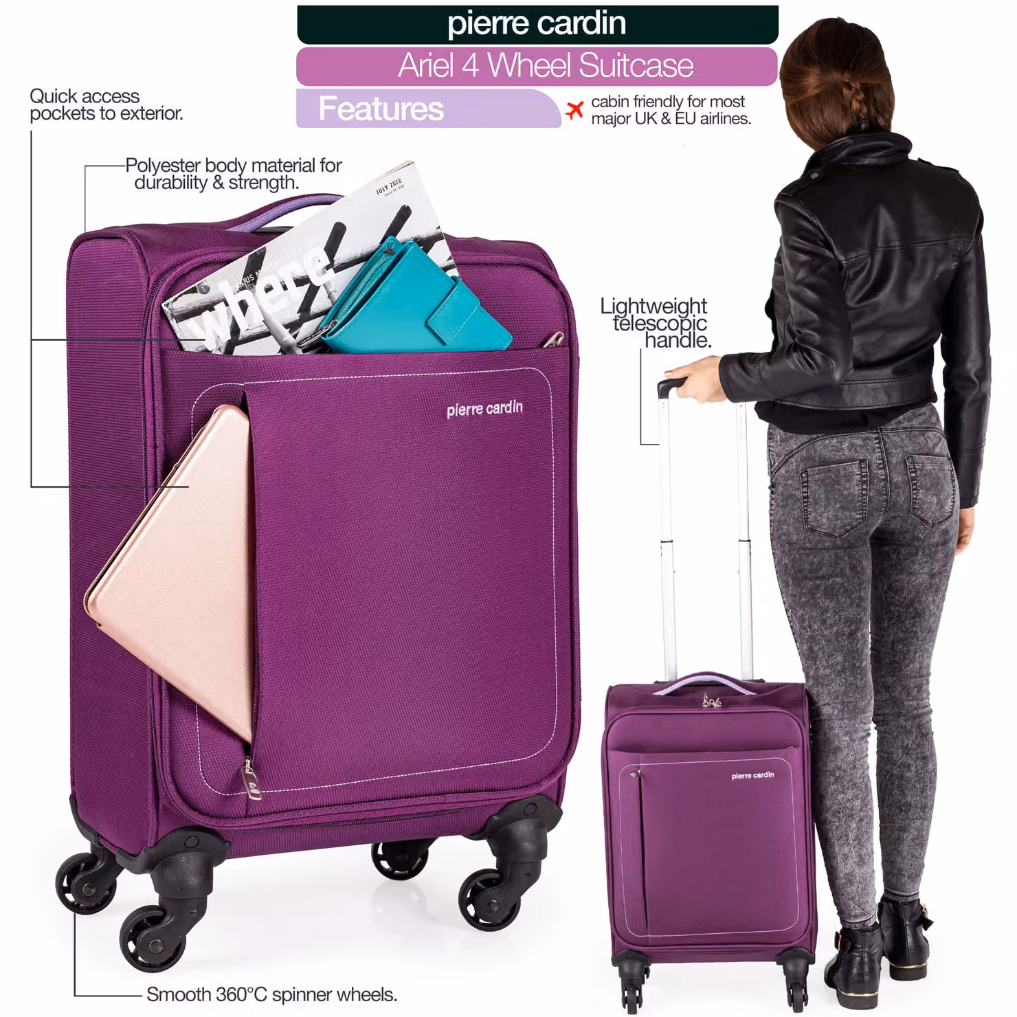 Pierre Cardin Purple Soft Shell Lightweight Wheeled Hold Suitcase, Large, W/D/H: 76.0 x 48.0 x 29.0 cm – 4