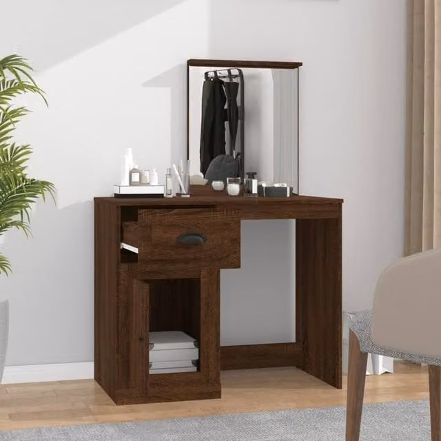 Berkfield Home Modern Dressing Table with Mirror in Brown Oak, W/D/H: 90 x 50 x 132.5 cm – 1