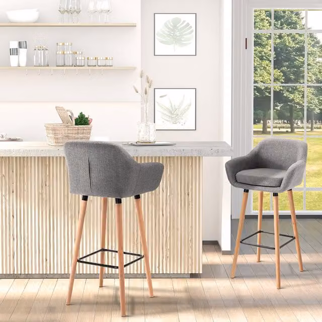 HOMCOM Set of 2 Modern Upholstered Fabric Bucket Seat Bar Stools with Armrests and Wood Legs in Grey – 1
