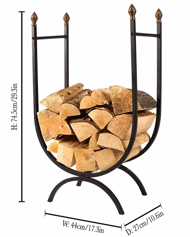 Dibor Traditional Style Black U Shape Metal Log Holder with Acorn Decoration, H: 76 cm, W: 46 cm – 2