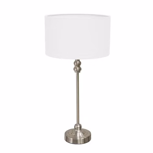 ValueLights Maggie Brushed Chrome Candlestick Slim Table Lamp with White Fabric Drum Shade