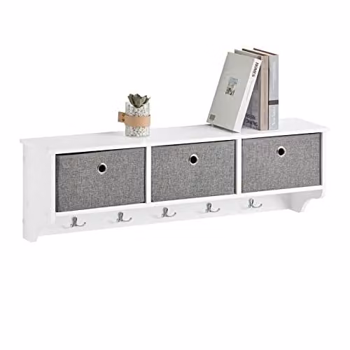SoBuy Wall Mounted Coat Rack with 10 Hooks and 3 Baskets, White, W100 x D20 x H31 cm – 1