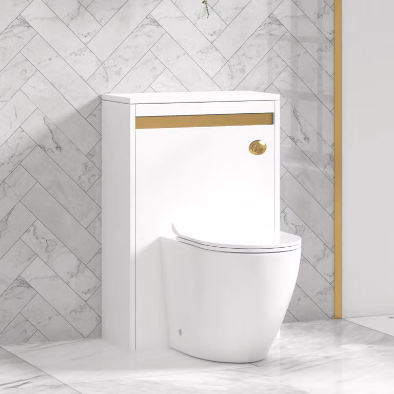 Royal Bathrooms Orion Matt White Wall Mounted WC Unit with Elva Rimless Ceramic Toilet Pan, Slim Soft Close Seat and Cistern with Brushed Brass Accent Trim, Width: 54 cm