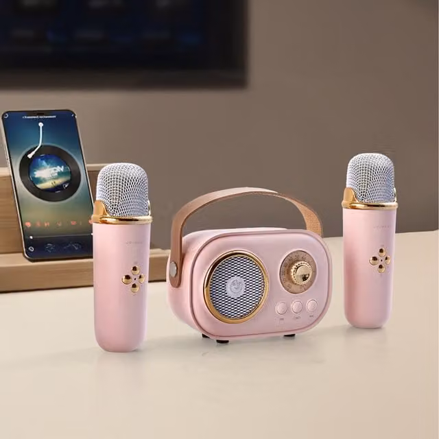 Komore Portable Karaoke Machine with Wireless Microphones, Pink