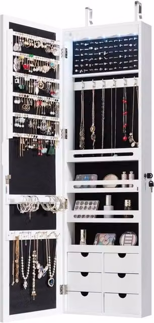 Costway White Jewelry Armoire with Mirror and Integrated LED Lighting, Wall or Door Mounted – 1