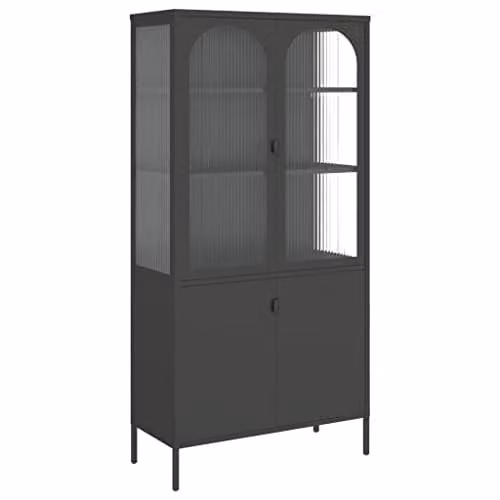 vidaXL Modern Highboard Storage Cabinet with Black Glass Doors and Steel Frame – 1
