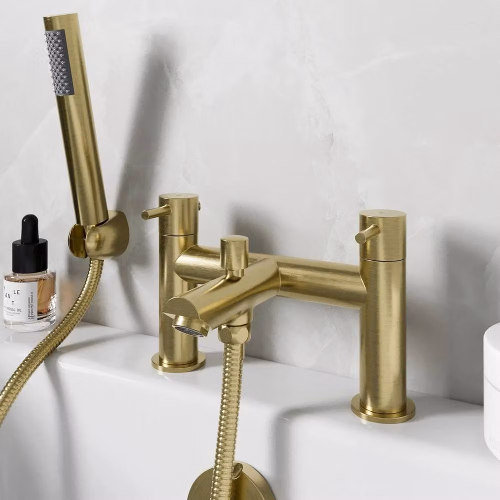 Hinsinc Brushed Brass Two-Handle Shower Mixer Tap Set with Round Handset in Gold – 2