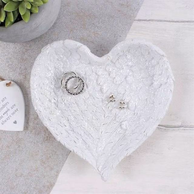 Uniqueful Glitter Heart Shaped Angel Wing Ceramic Trinket Dish in White, Diameter: 15 cm