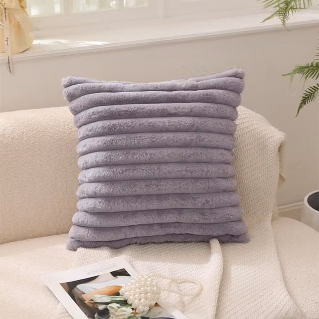 Livingandhome Grey Plush Striped Square Scandinavian Throw Pillow