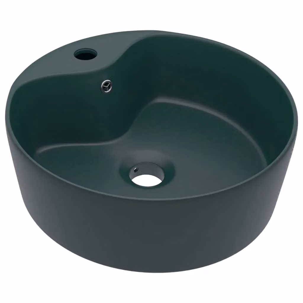 Berkfield Home Luxury Ceramic Round Countertop Wash Basin with Overflow, Matt Dark Green, W: 36 cm, D: 13 cm – 2