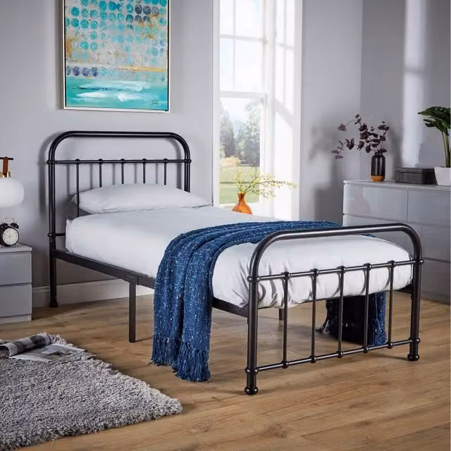 Home Source Minerva Metal Bed Frame, Black, W/D/H: 90 x 190 cm
