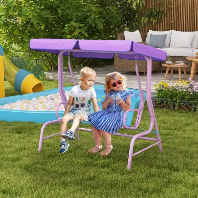 Outsunny Kids Fairy Theme 2-Seat Garden Swing Chair with Adjustable Sun Canopy in Blue and Purple