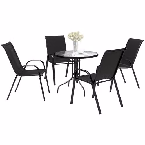 Outsunny 5 Piece Black Garden Dining Set with Round Glass Top Table and 4 Chairs – 1