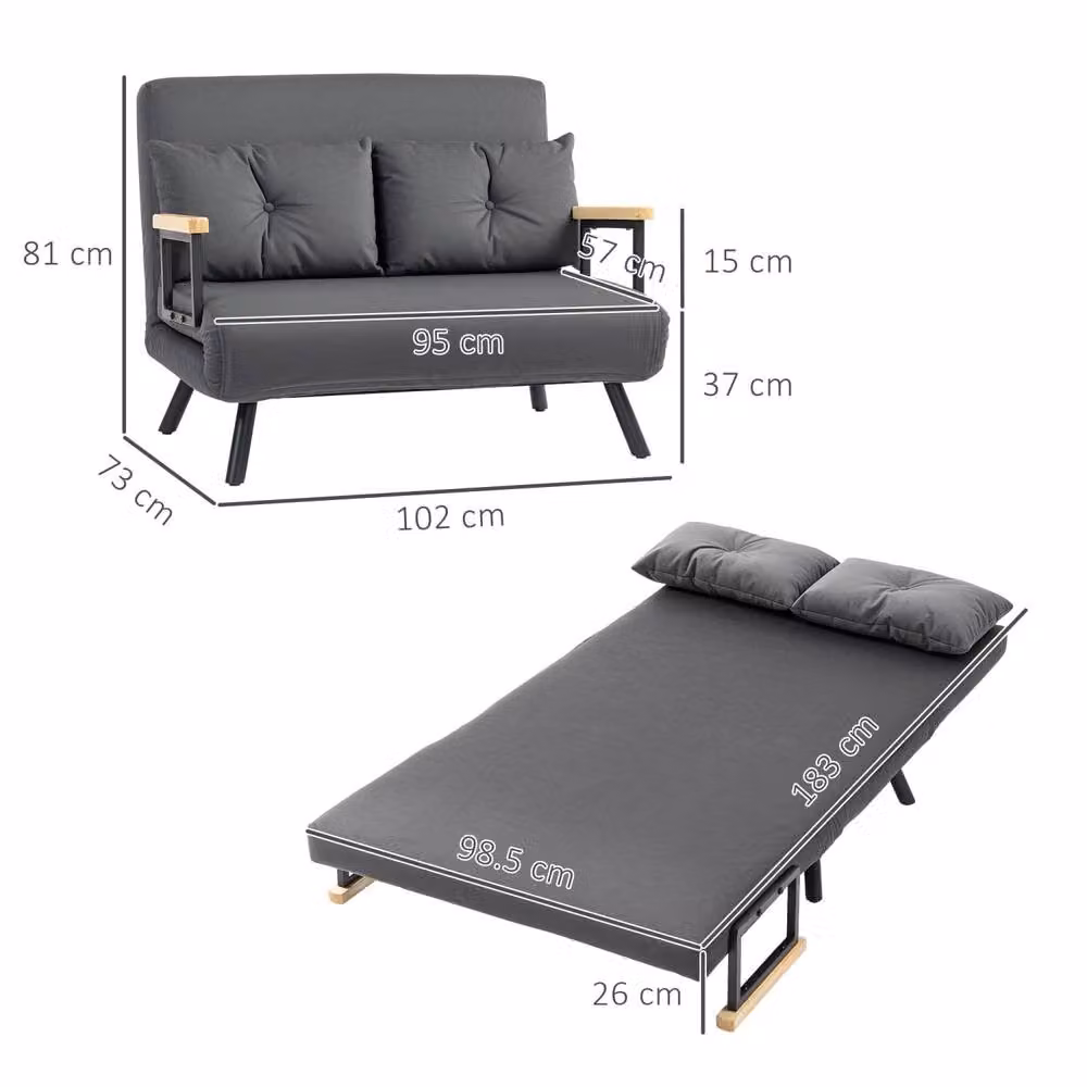 Wyld Haus Dima 4 in 1 Convertible Double Sofa Bed in Dark Grey Velvet with Wood Armrests, W/D/H: 140 x 200 x 73 cm – 4