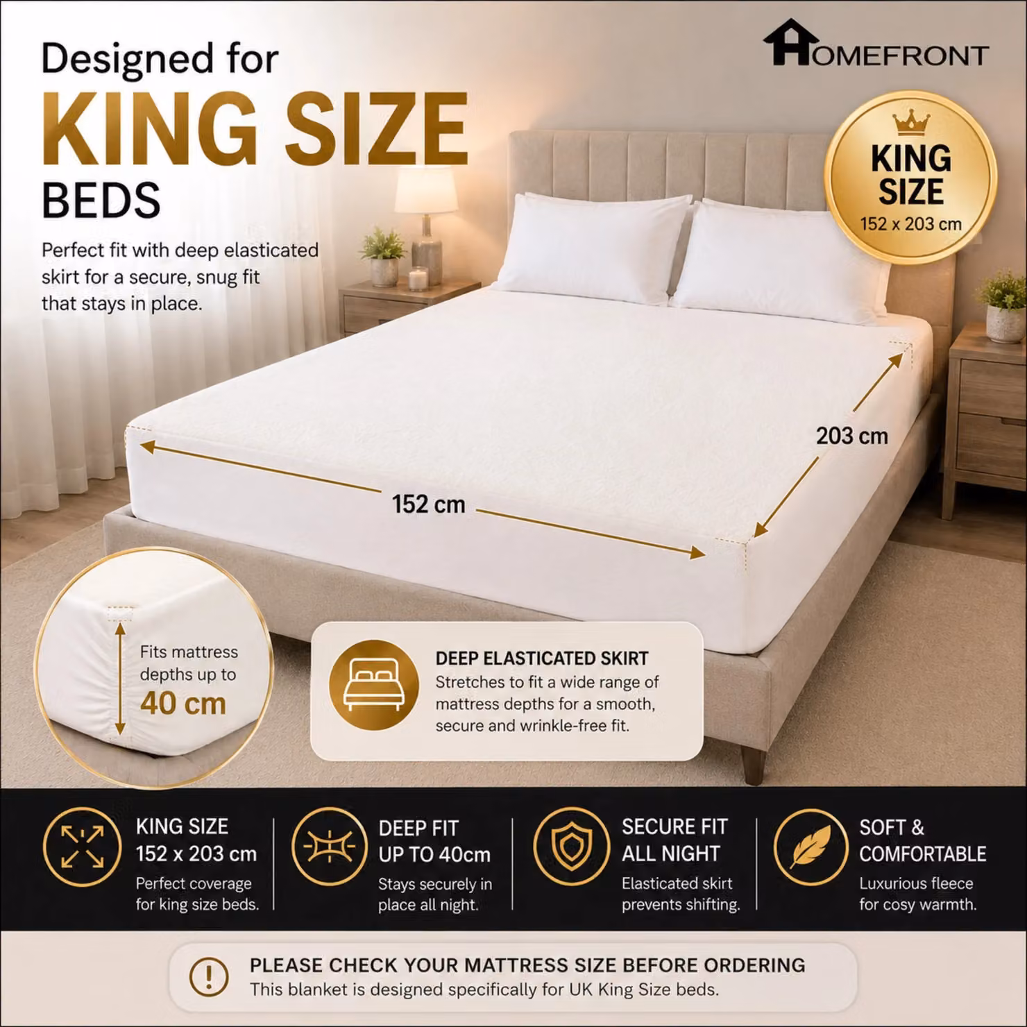 Homefront King Size Fleece Fitted Heated Mattress Cover, White, W: 180 cm x D: 200 cm – 2