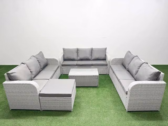 Fimous 10 Seater PE Rattan Garden Furniture Set in Light Grey with 3 Seater Sofa, Coffee Table and Ottoman