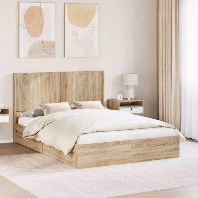 Berkfield Home Modern Bed Frame with Headboard and Lift-Up Storage in Sonoma Oak Brown, W/D/H: 160 x 200 cm