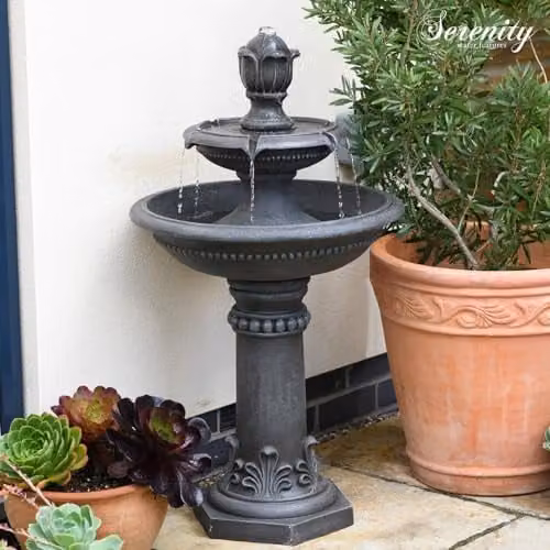 Serenity Two Tier Cascading Water Fountain in Grey, Classic Stone Design, Height: 96 cm – 3