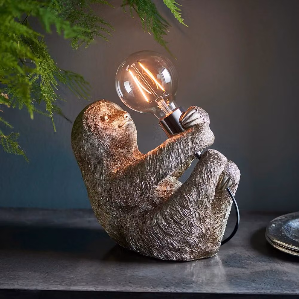 Loops 2 Pack Vintage Silver Sloth Table Lights with Resin Figures and Chrome Lamp Holders – 2