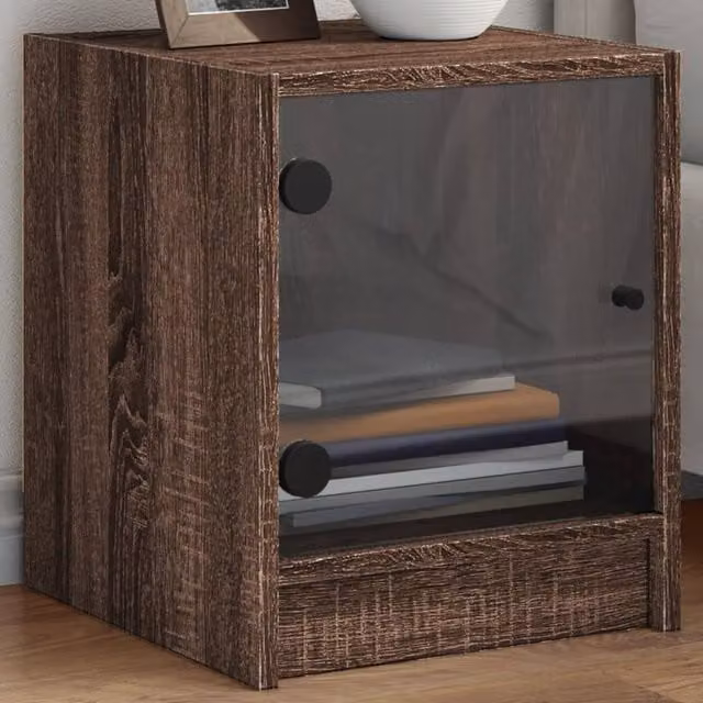 Berkfield Home Bedside Cabinets with Glass Doors, 2 Pack, Brown Oak, W/D/H: 35 x 37 x 42 cm